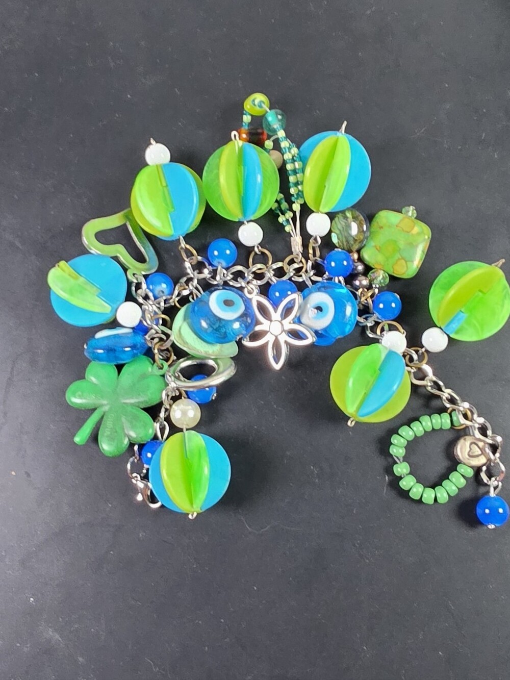 Green & Blue Beaded Charm Bracelet with Silver Flower Accent